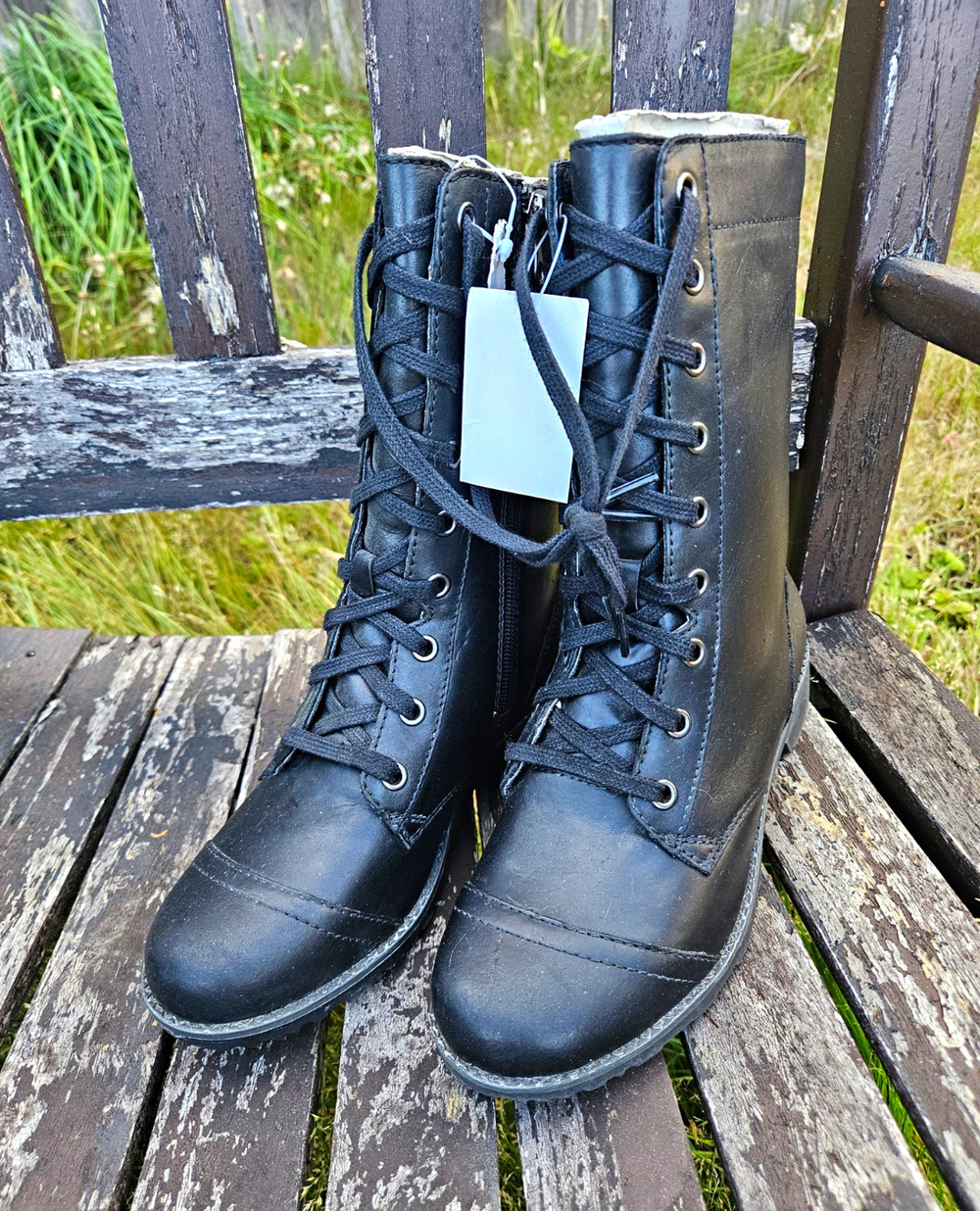 Women's Black Combat Boots Lace-Up Side Zipper Mid-Calf Round Toe New